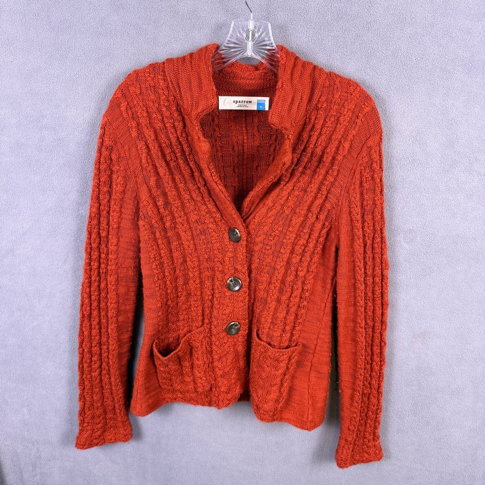 Sparrow Anthropologie Cable Knit Cardigan Womens M Orange Wool Sweater Academia